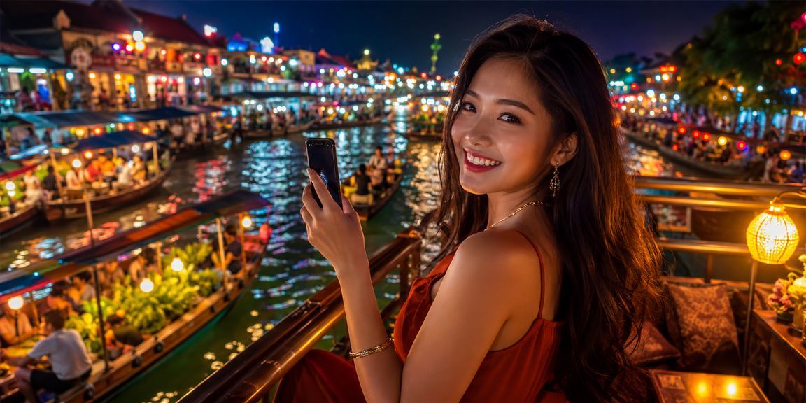 Người dùng kiểm tra giao dịch tài chính qua điện thoại tại chợ đêm Hà Nội